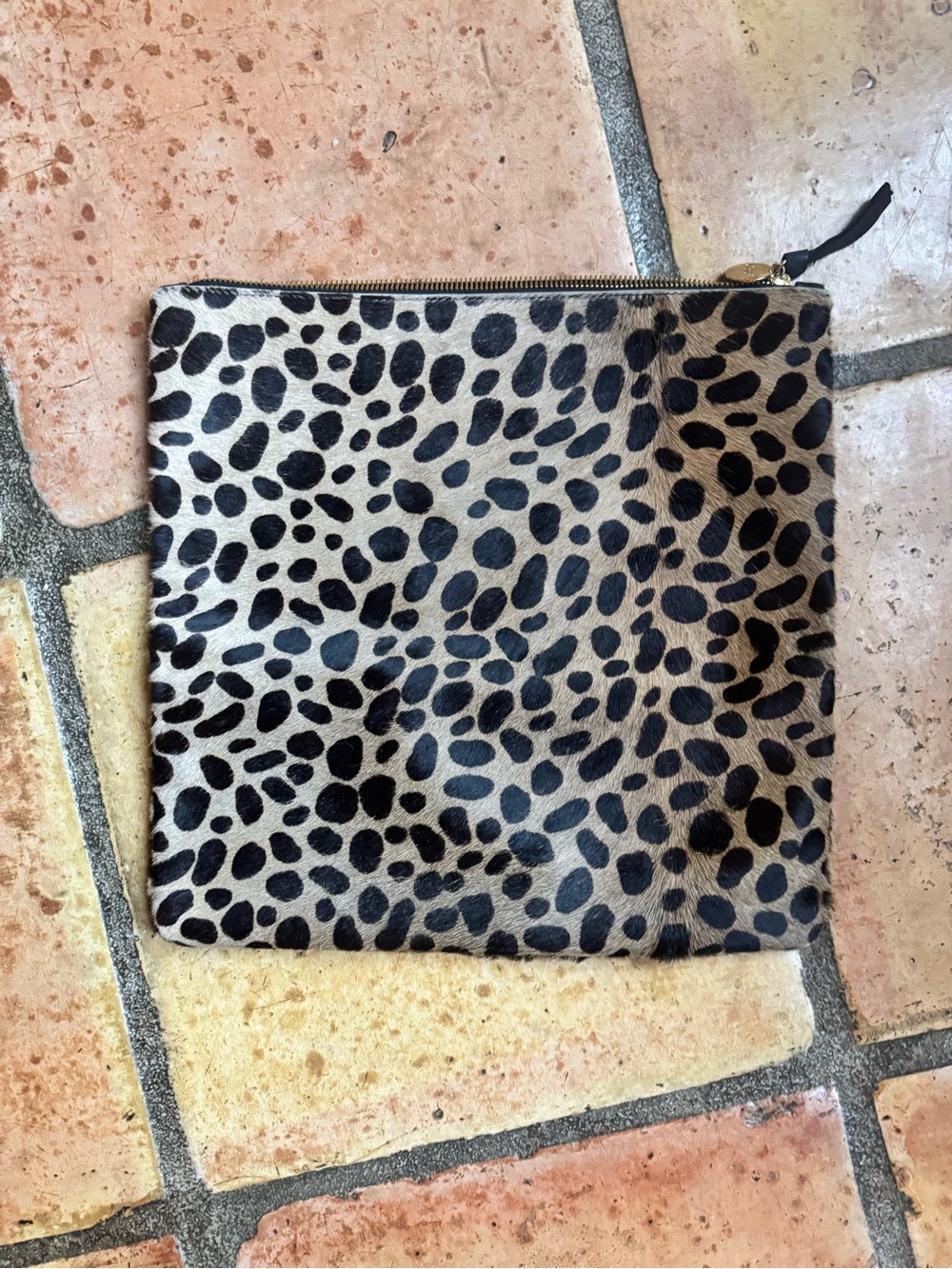 Clare V Leopard-Print Zip Pouch Clutch in Black and Cream